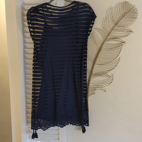 Lilly Pulitzer Adria Dress Navy Blue Mesh Stripe Tassel, XS - Picture 5 of 6